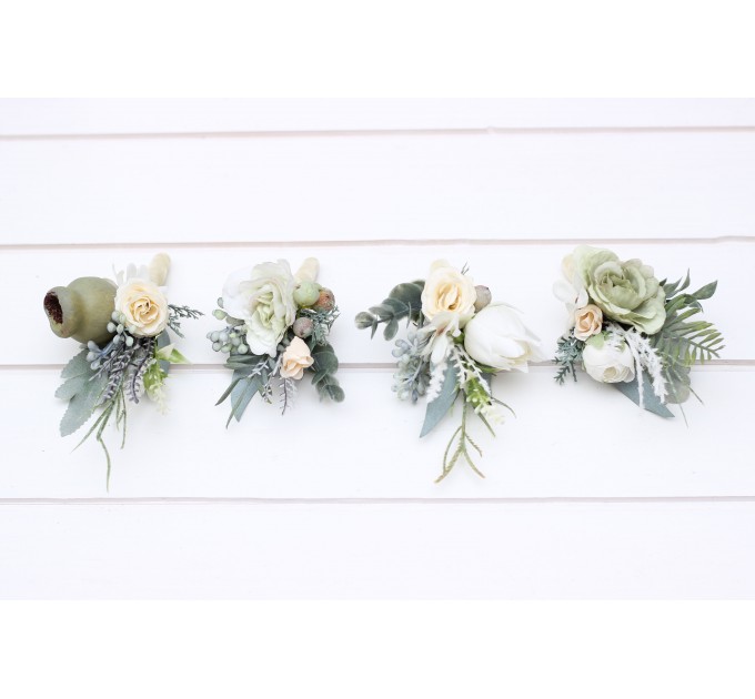 Wedding Boutonnieres & Wrist Corsage in Sage Green & Ivory | Faux Flower Accessories
