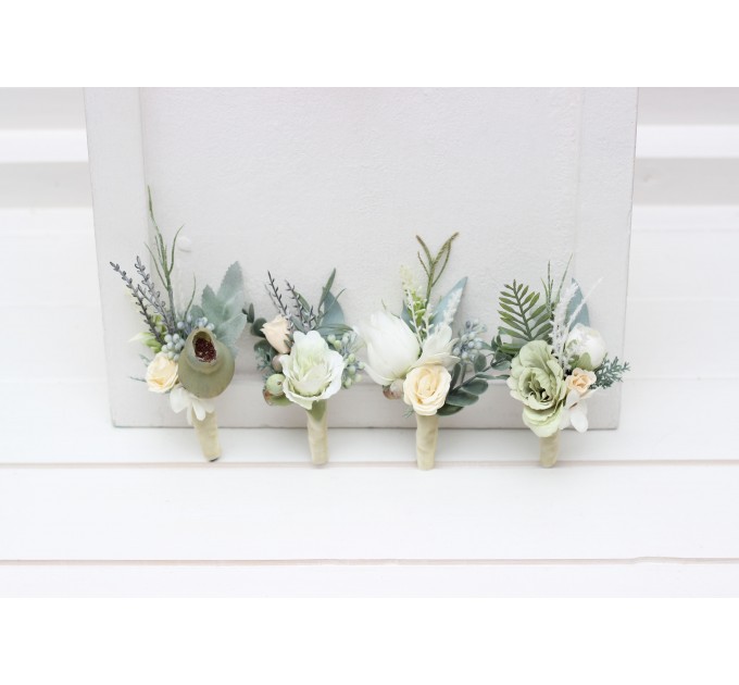 Wedding Boutonnieres & Wrist Corsage in Sage Green & Ivory | Faux Flower Accessories