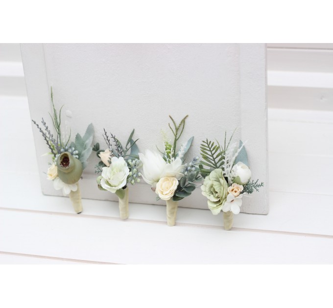 Wedding Boutonnieres & Wrist Corsage in Sage Green & Ivory | Faux Flower Accessories