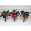 Mini bouquets for vases. Flowers for wedding decor in magenta orange dusty blue colors. Jewel tone wedding. 5187