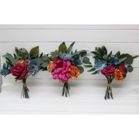 Mini bouquets for vases. Flowers for wedding decor in magenta orange dusty blue colors. Jewel tone wedding. 5187