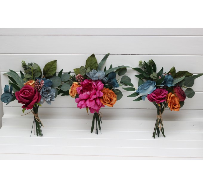Mini bouquets for vases. Flowers for wedding decor in magenta orange dusty blue colors. Jewel tone wedding. 5187