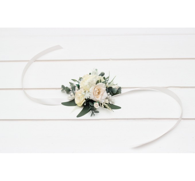 Wedding Boutonniere & Wrist Corsage in White & Ivory | Faux Flower Accessories