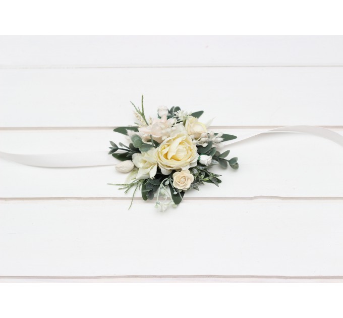 Wedding Boutonniere & Wrist Corsage in White & Ivory | Faux Flower Accessories