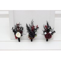 Wedding boutonnieres and wrist corsage  in black white silver burgundy color scheme. Flower accessories. 5108