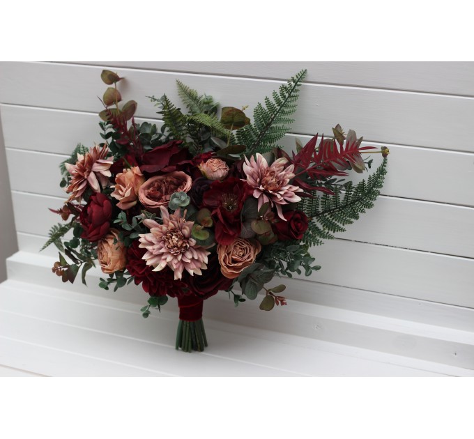 Wedding Bouquets in Dusty Rose, Burgundy & Deep Green | Faux Bridal & Bridesmaid Bouquets