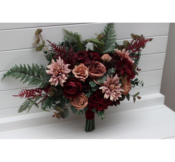 Wedding Bouquets in Dusty Rose, Burgundy & Deep Green | Faux Bridal & Bridesmaid Bouquets