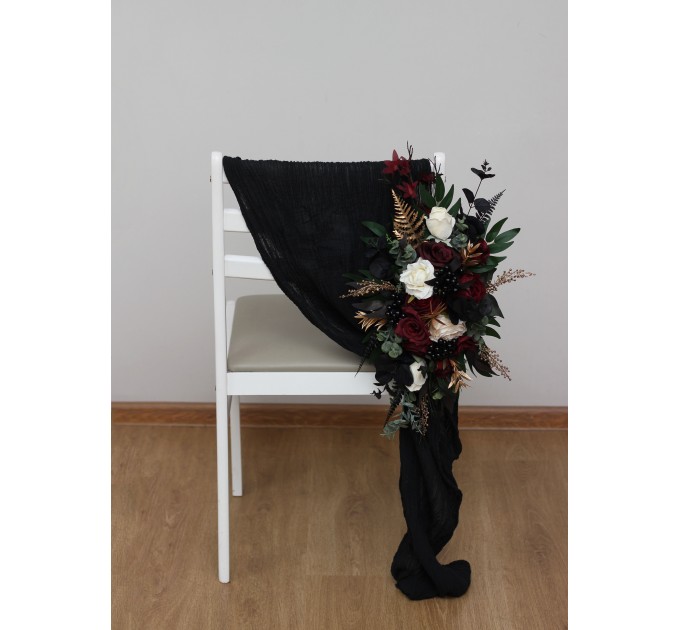 Aisle flowers in burgundy black gold ivory scheme. Chair flowers. Sign flowers. Wedding flowers. Flowers for wedding decor. 0032