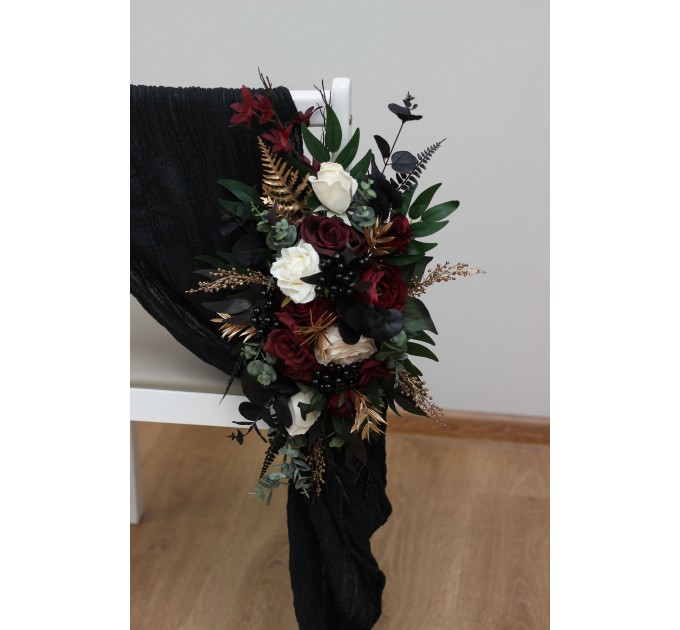 Aisle flowers in burgundy black gold ivory scheme. Chair flowers. Sign flowers. Wedding flowers. Flowers for wedding decor. 0032