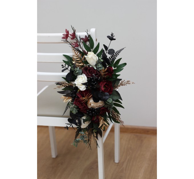 Aisle flowers in burgundy black gold ivory scheme. Chair flowers. Sign flowers. Wedding flowers. Flowers for wedding decor. 0032