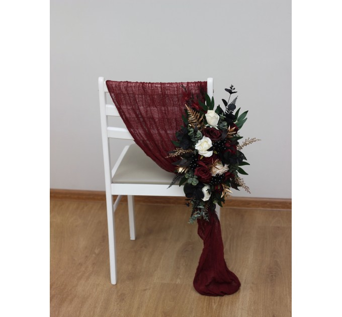 Aisle flowers in burgundy black gold ivory scheme. Chair flowers. Sign flowers. Wedding flowers. Flowers for wedding decor. 0032