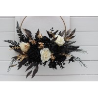 Flower hoop ivory black gold colors. Alternative bridesmaid bouquet. 5159