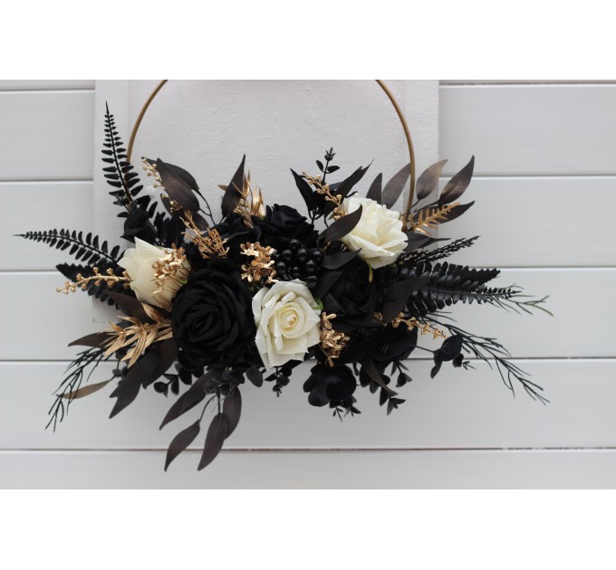 Flower hoop ivory black gold colors. Alternative bridesmaid bouquet. 5159