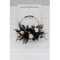 Flower hoop ivory black gold colors. Alternative bridesmaid bouquet. 5159