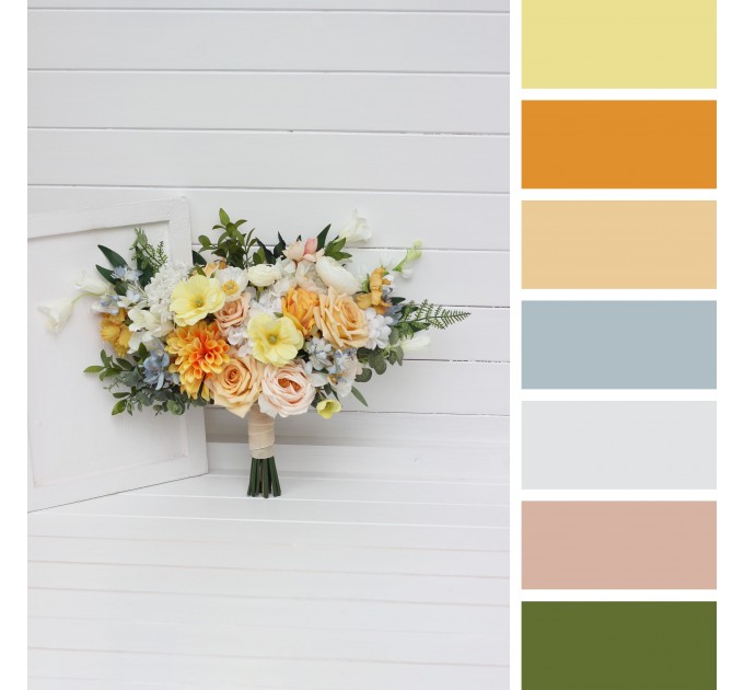 Spring & Summer Wedding Cascading Bouquet in Orange, Peach, Yellow & Dusty Blue | Faux Bridal & Bridesmaid Bouquets
