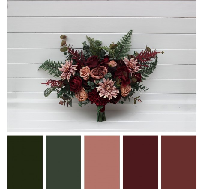 Wedding Bouquets in Dusty Rose, Burgundy & Deep Green | Faux Bridal & Bridesmaid Bouquets