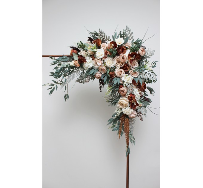 Flower arch arrangement in beige terracotta white blush pink colors. Arbor flowers. Floral archway. Faux flowers for wedding arch. 0027