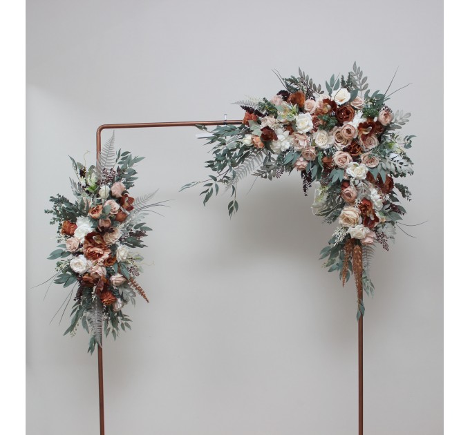 Flower arch arrangement in beige terracotta white blush pink colors. Arbor flowers. Floral archway. Faux flowers for wedding arch. 0027