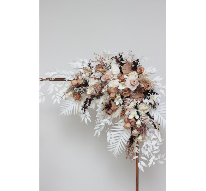Flower arch arrangement in beige white brown colors. Arbor flowers. Floral archway. Faux flowers for wedding arch. 0026