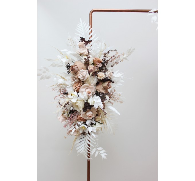 Flower arch arrangement in beige white brown colors. Arbor flowers. Floral archway. Faux flowers for wedding arch. 0026