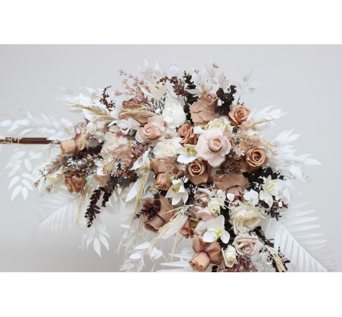 Flower arch arrangement in beige white brown colors. Arbor flowers. Floral archway. Faux flowers for wedding arch. 0026