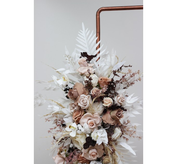 Flower arch arrangement in beige white brown colors. Arbor flowers. Floral archway. Faux flowers for wedding arch. 0026