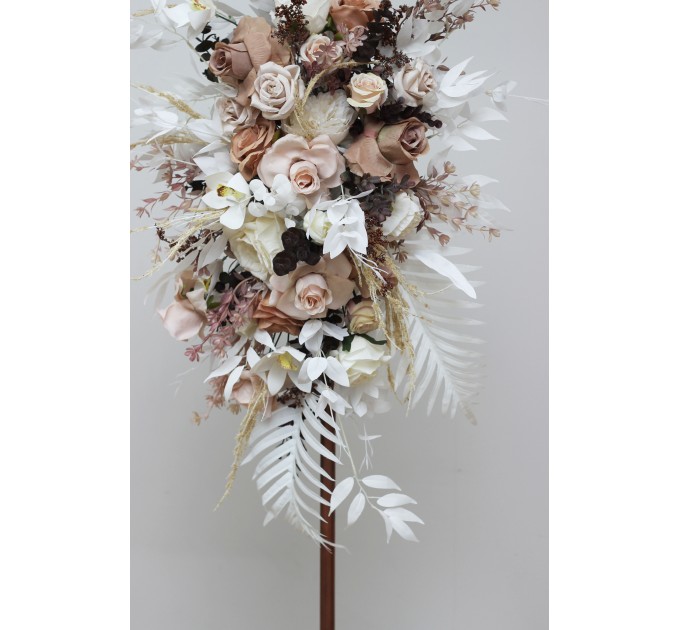 Flower arch arrangement in beige white brown colors. Arbor flowers. Floral archway. Faux flowers for wedding arch. 0026