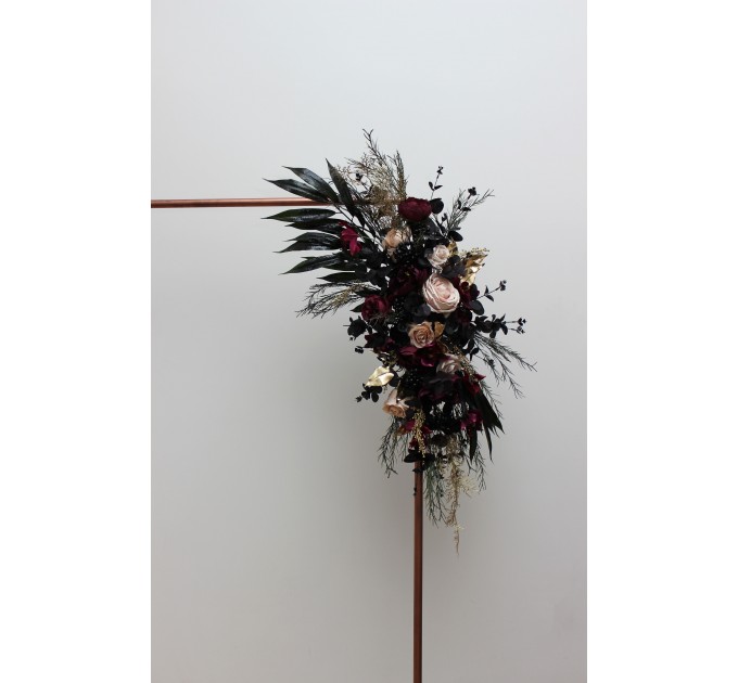  Flower arch arrangement in deep purple black gold beige colors.  Arbor flowers. Floral archway. Faux flowers for wedding arch. Halloween wedding. BLACK