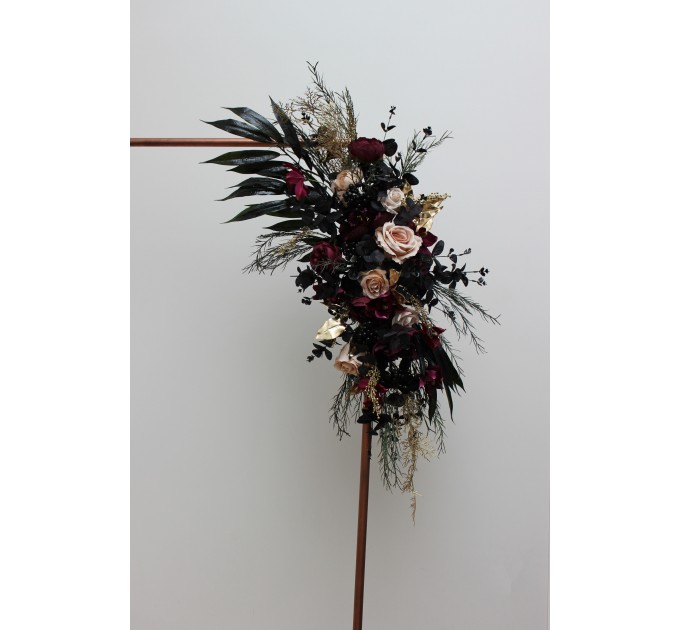 Flower arch arrangement in deep purple black gold beige colors.  Arbor flowers. Floral archway. Faux flowers for wedding arch. Halloween wedding. BLACK