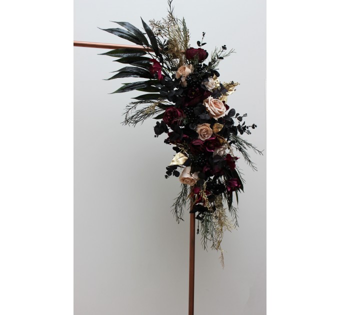  Flower arch arrangement in deep purple black gold beige colors.  Arbor flowers. Floral archway. Faux flowers for wedding arch. Halloween wedding. BLACK
