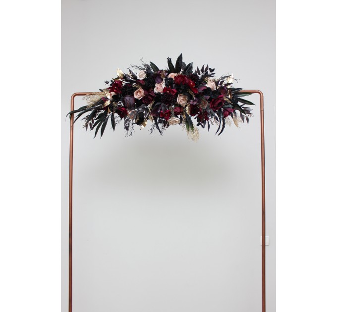  Flower arch arrangement in deep purple black gold beige colors.  Arbor flowers. Floral archway. Faux flowers for wedding arch. Halloween wedding. BLACK