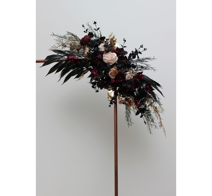  Flower arch arrangement in deep purple black gold beige colors.  Arbor flowers. Floral archway. Faux flowers for wedding arch. Halloween wedding. BLACK
