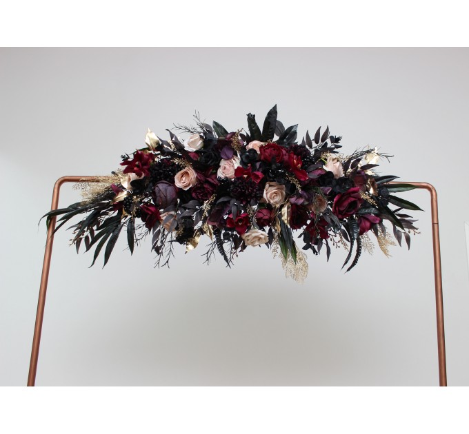  Flower arch arrangement in deep purple black gold beige colors.  Arbor flowers. Floral archway. Faux flowers for wedding arch. Halloween wedding. BLACK
