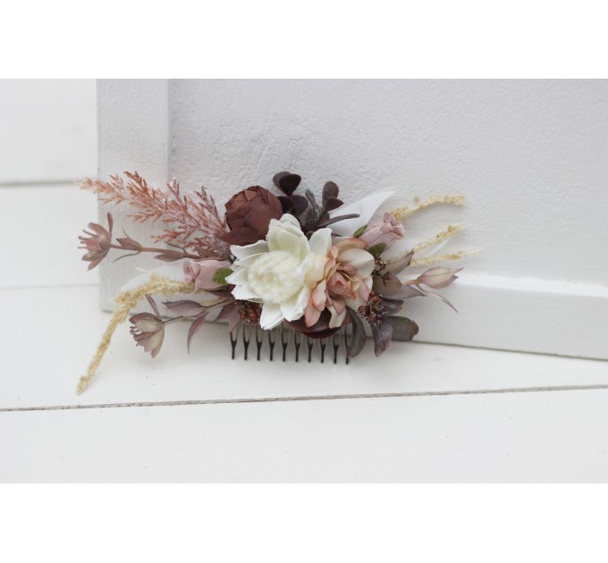Flower comb in beige white brown color scheme. Wedding accessories for hair. Bridal flower comb. Bridesmaid floral comb. 0026