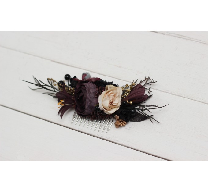 Halloween wedding. Deep purple black gold beige floral comb. Wedding accessories for hair. Bridal flower comb. Bridesmaid floral comb. BLACK