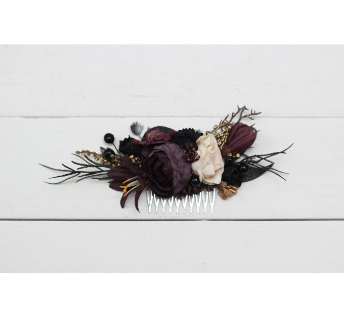 Halloween wedding. Deep purple black gold beige floral comb. Wedding accessories for hair. Bridal flower comb. Bridesmaid floral comb. BLACK