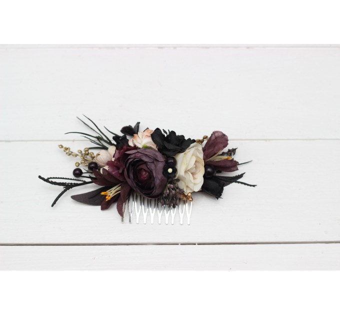 Halloween wedding. Deep purple black gold beige floral comb. Wedding accessories for hair. Bridal flower comb. Bridesmaid floral comb. BLACK