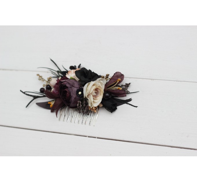 Halloween wedding. Deep purple black gold beige floral comb. Wedding accessories for hair. Bridal flower comb. Bridesmaid floral comb. BLACK