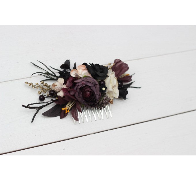 Halloween wedding. Deep purple black gold beige floral comb. Wedding accessories for hair. Bridal flower comb. Bridesmaid floral comb. BLACK