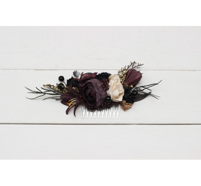 Halloween wedding. Deep purple black gold beige floral comb. Wedding accessories for hair. Bridal flower comb. Bridesmaid floral comb. BLACK
