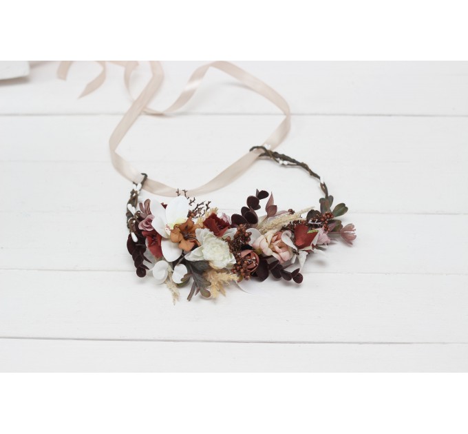Orchid flower crown. Hair wreath  in beige white brown  colors. Flower girl crown. Wedding flowers. 0026