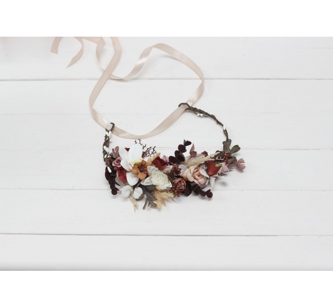 Orchid flower crown. Hair wreath  in beige white brown  colors. Flower girl crown. Wedding flowers. 0026
