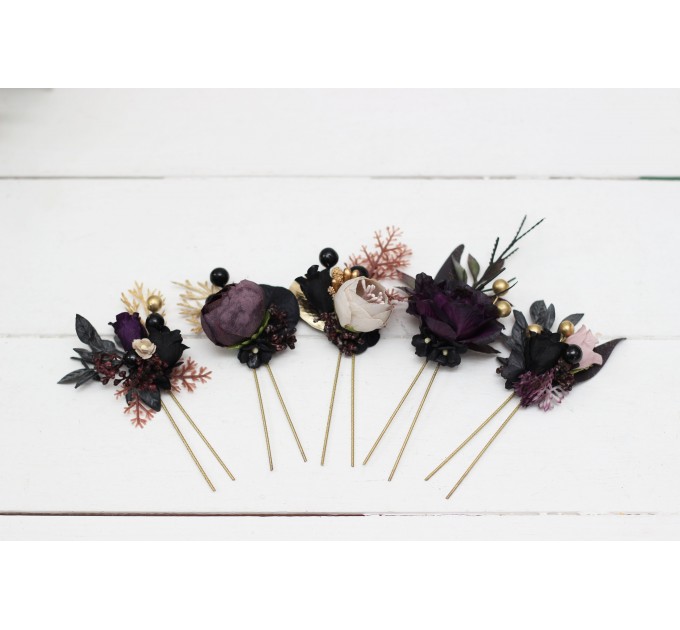  Set of 5 hair pins in deep purple black gold beige color scheme. Hair accessories. Flower accessories for wedding. Black