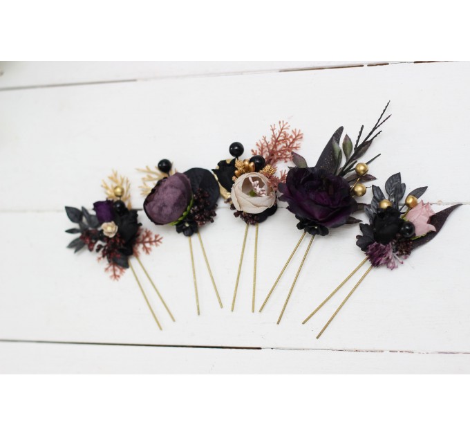  Set of 5 hair pins in deep purple black gold beige color scheme. Hair accessories. Flower accessories for wedding. Black