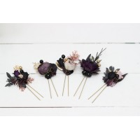  Set of 5 hair pins in deep purple black gold beige color scheme. Hair accessories. Flower accessories for wedding. 5194