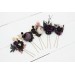  Set of 5 hair pins in deep purple black gold beige color scheme. Hair accessories. Flower accessories for wedding. Black
