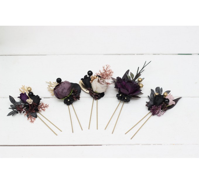  Set of 5 hair pins in deep purple black gold beige color scheme. Hair accessories. Flower accessories for wedding. Black
