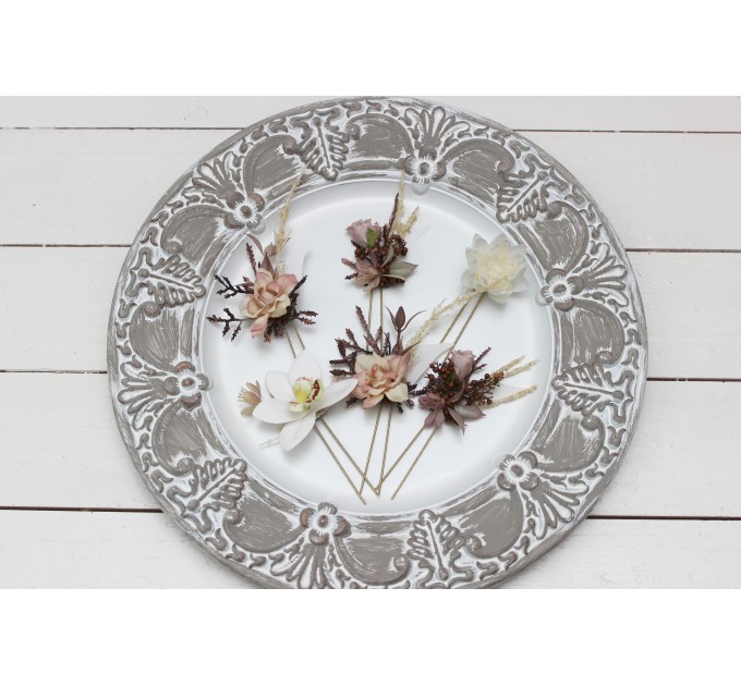  Set of 6 hair pins in  beige white brown color scheme. Hair accessories. Flower accessories for wedding. Orchid hairpins. 0026