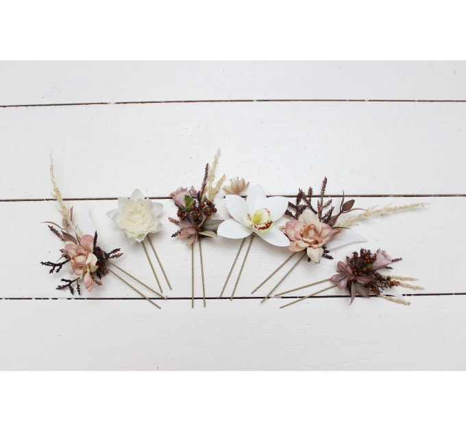  Set of 6 hair pins in  beige white brown color scheme. Hair accessories. Flower accessories for wedding. Orchid hairpins. 0026