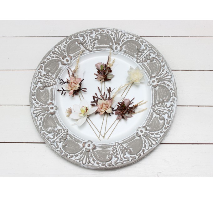  Set of 6 hair pins in  beige white brown color scheme. Hair accessories. Flower accessories for wedding. Orchid hairpins. 0026